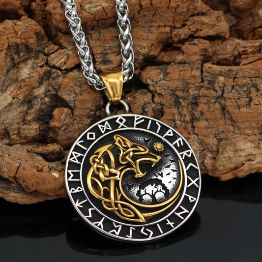 Viking Wolf  Rune Pendant Necklace Trendy Men Long