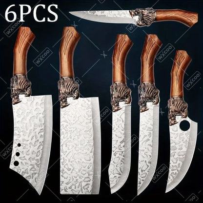 6PCS Professional Kitchen Chef Knife Set Handmade Forged Stainless Steel Meat Cleaver Utility Boning Vegetable Chopper Cutting