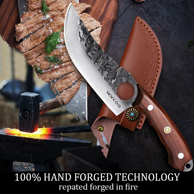 4PCS Stainless Steel Knife Set Professional Meat Cleaver Boning Knife Cutting Knife with Wooden Handle and Covers Multipurpose