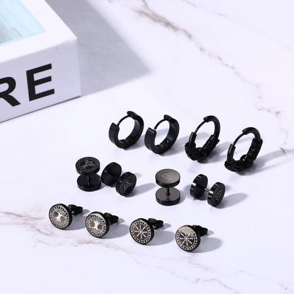 Boniskiss 6 Pairs Norse Viking Runes Hoop Earrings Stainless Steel Black Fake Plugs for Boys Men Women Piercing Ear Stud Jewelry