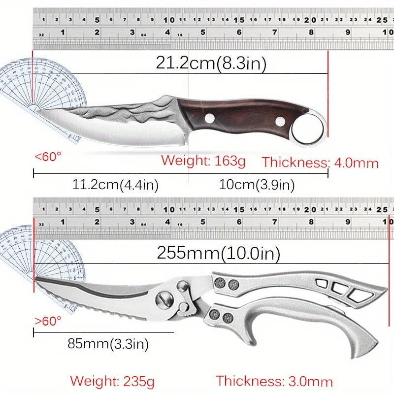2pcS Kitchen Knife Stainless Steel Handmade Boning Cleaver Butcher Scissors Vegetable Fruit Bone Knife