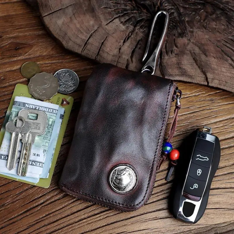 1pc Viking Sporran Portable Bourbon Brown Handcrafted Thick Leather Waist Bag Change Holder Keychain Coin Purse Wallet for Men