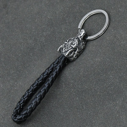 Wolf Head Keychains Vikings Pendant Stainless Steel wolf Keyring Male Black leather Key Ring