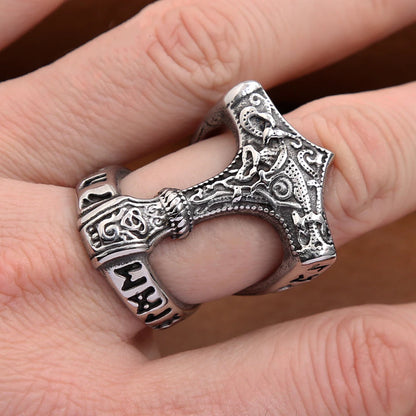 Viking Thors Hammer Stainless Steel Nordic Odin Rune Rings