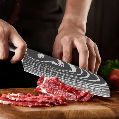 Sharp Kitchen Knife Wooden Handle Stainless Steel Meat Cleaver Kitchen Paring Knives Laser Damascus Pattern Chef  Knife