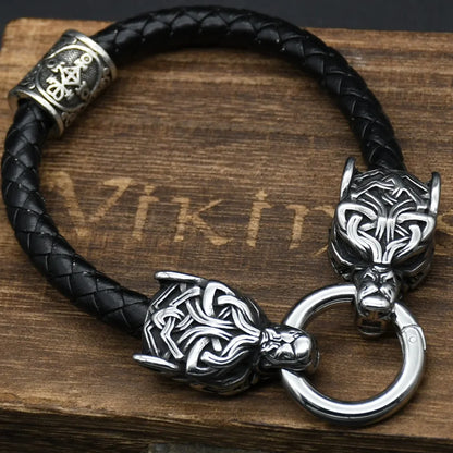 Stainless Steel Wolf Head Bracelets For Women men Viking Rune beads Leather Bracelet Jewelry