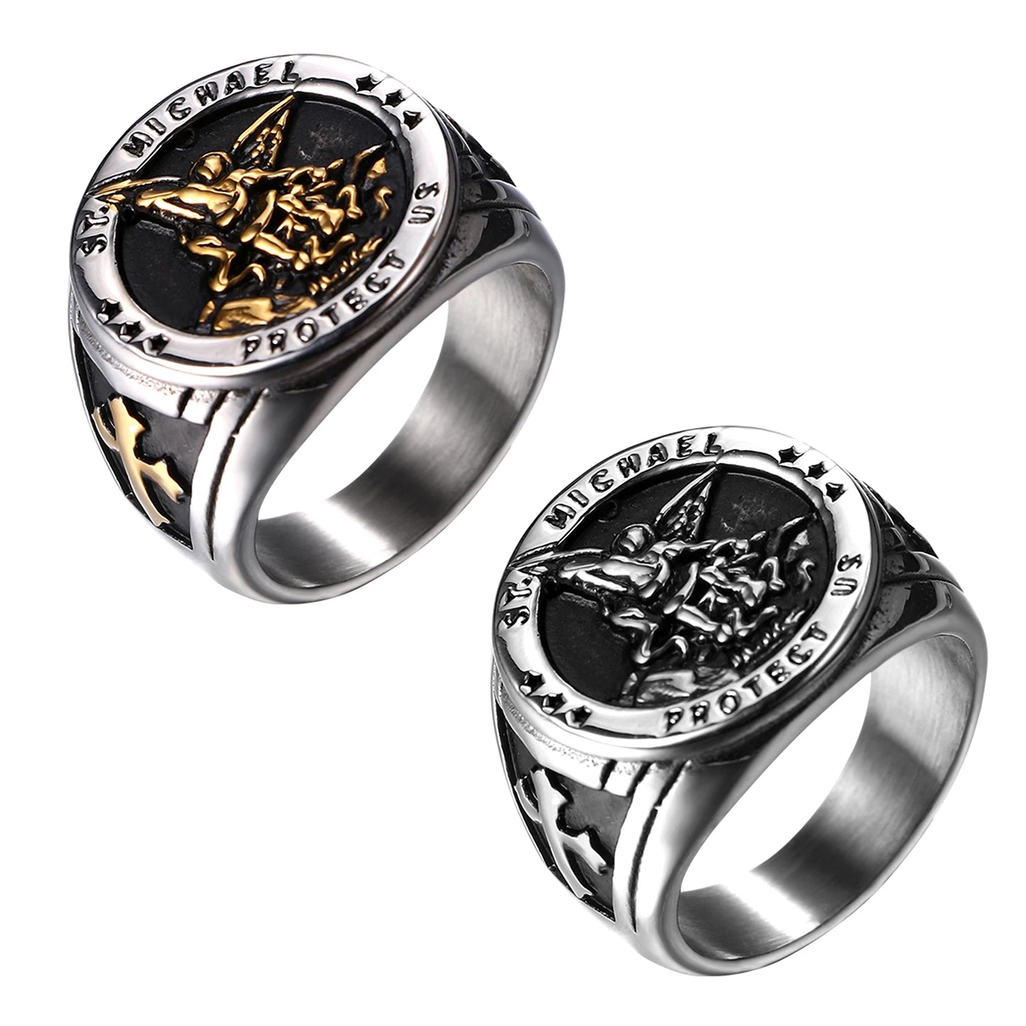 BONISKISS Men's St. Michael Ring Religious Seal Stainless Steel Ring Amulet Jewelry Gift Vintage Golden Sliver Male Fashionable