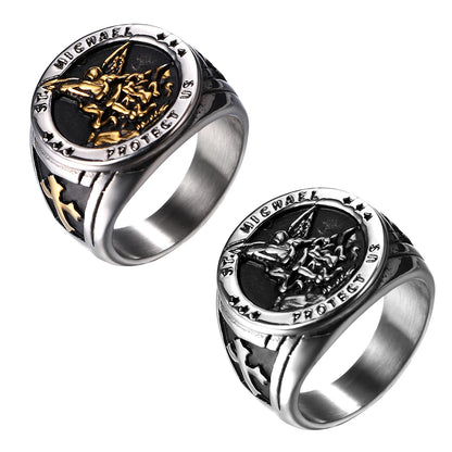 BONISKISS Men's St. Michael Ring Religious Seal Stainless Steel Ring Amulet Jewelry Gift Vintage Golden Sliver Male Fashionable