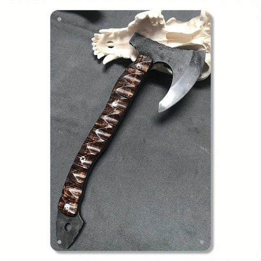 Viking Hawk Axe Metal Wall Art - 7.87" x 11.81" Iron Sign with Koa Wood & Brass Grip | Nautical Home Decor, Easy-to-Hang