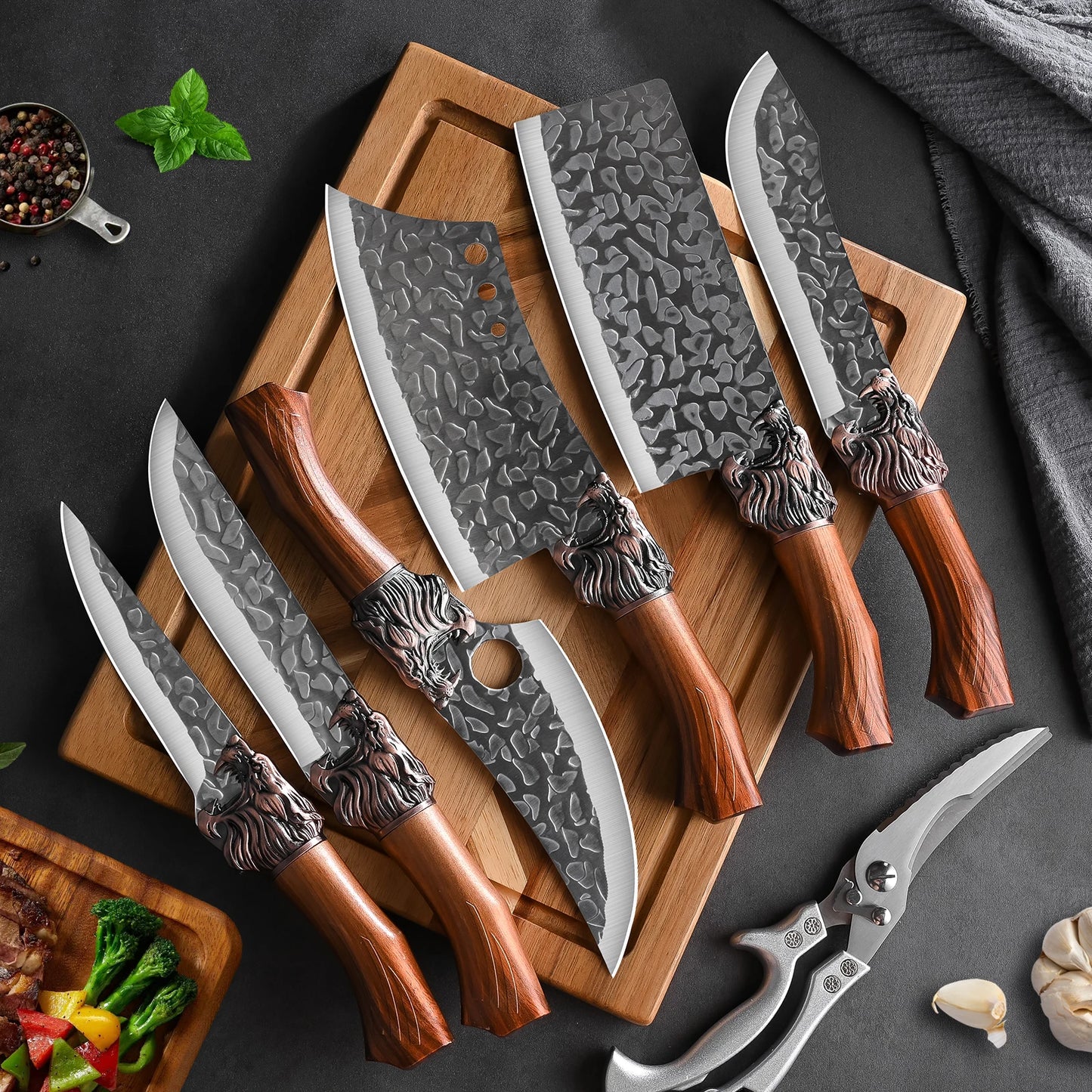 7pcs kitchen set knives, brown dragon head knives, high-quality chef knives, high hardness, high-quality steel, sharp and durabl