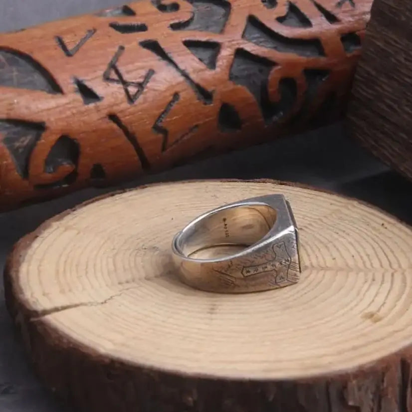 sterling silver Thor’s Hammer Mjölnir and vegvisir ring