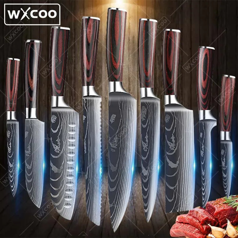 9 Pcs Kitchen Chef Knife Set High Carbon Stainless Steel Damascus Chef Knife Boning Knife Cleaver Santoku Slicer Vegetable