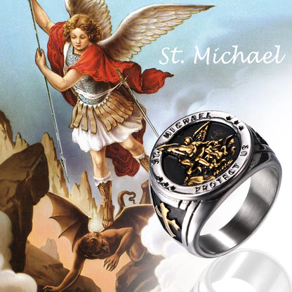 BONISKISS Men's St. Michael Ring Religious Seal Stainless Steel Ring Amulet Jewelry Gift Vintage Golden Sliver Male Fashionable