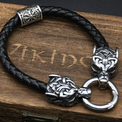 Stainless Steel Wolf Head Bracelets For Women men Viking Rune beads Leather Bracelet Jewelry