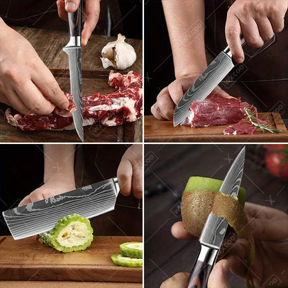 9 Pcs Kitchen Chef Knife Set High Carbon Stainless Steel Damascus Chef Knife Boning Knife Cleaver Santoku Slicer Vegetable
