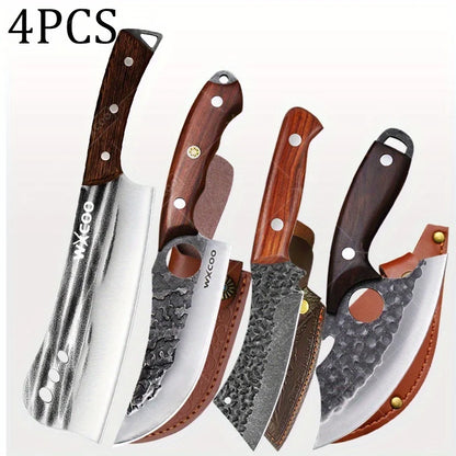 4 PCS Professional Kitchen Knife Handmade Forged Multipurpose Knife Stainless Steel Boning Cleaver Slicing Meat Fruit Wooden