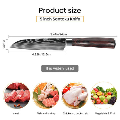 Sharp Kitchen Knife Wooden Handle Stainless Steel Meat Cleaver Kitchen Paring Knives Laser Damascus Pattern Chef  Knife