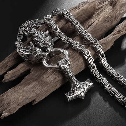 Nordic Necklace Double Wolf Head Thor's Hammer Pendant Stainless Steel