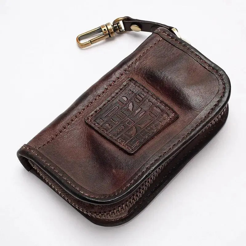 Viking Style Key Case Top Layer Cowhide Key Wallet, Large Capacity Retro Distressed Card Holder with Multi-function