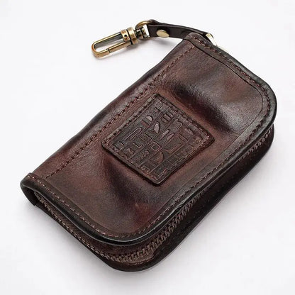 Viking Style Key Case Top Layer Cowhide Key Wallet, Large Capacity Retro Distressed Card Holder with Multi-function