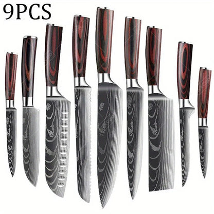 9 Pcs Kitchen Chef Knife Set High Carbon Stainless Steel Damascus Chef Knife Boning Knife Cleaver Santoku Slicer Vegetable