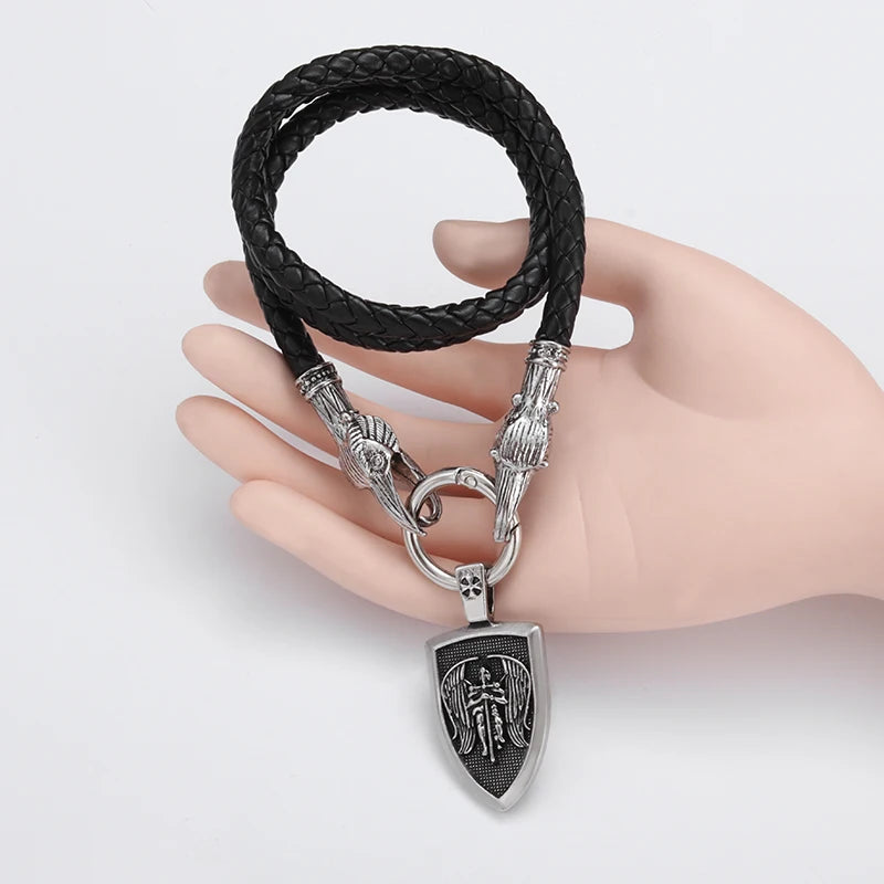 Nordic Necklace Double Wolf Head Thor's Hammer Pendant Stainless Steel