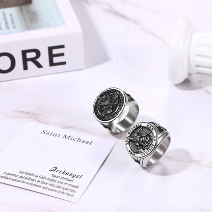 BONISKISS Men's St. Michael Ring Religious Seal Stainless Steel Ring Amulet Jewelry Gift Vintage Golden Sliver Male Fashionable