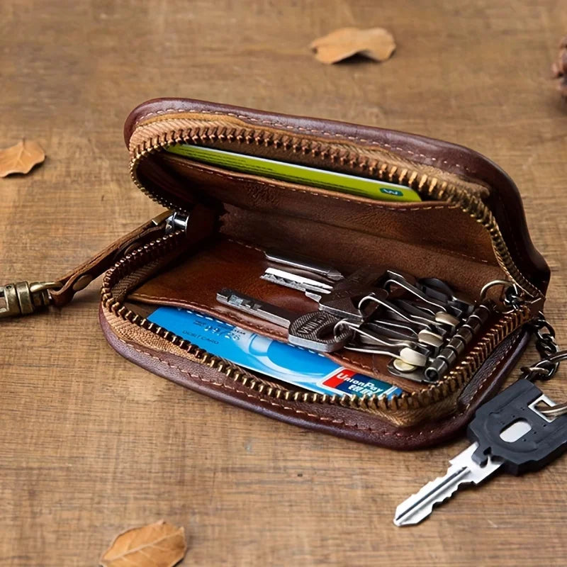 Viking Style Key Case Top Layer Cowhide Key Wallet, Large Capacity Retro Distressed Card Holder with Multi-function