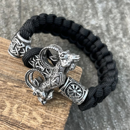 Norse Odin Goat Thor Hammer Mjolnir Runes Beads Paracord Viking Bracelet