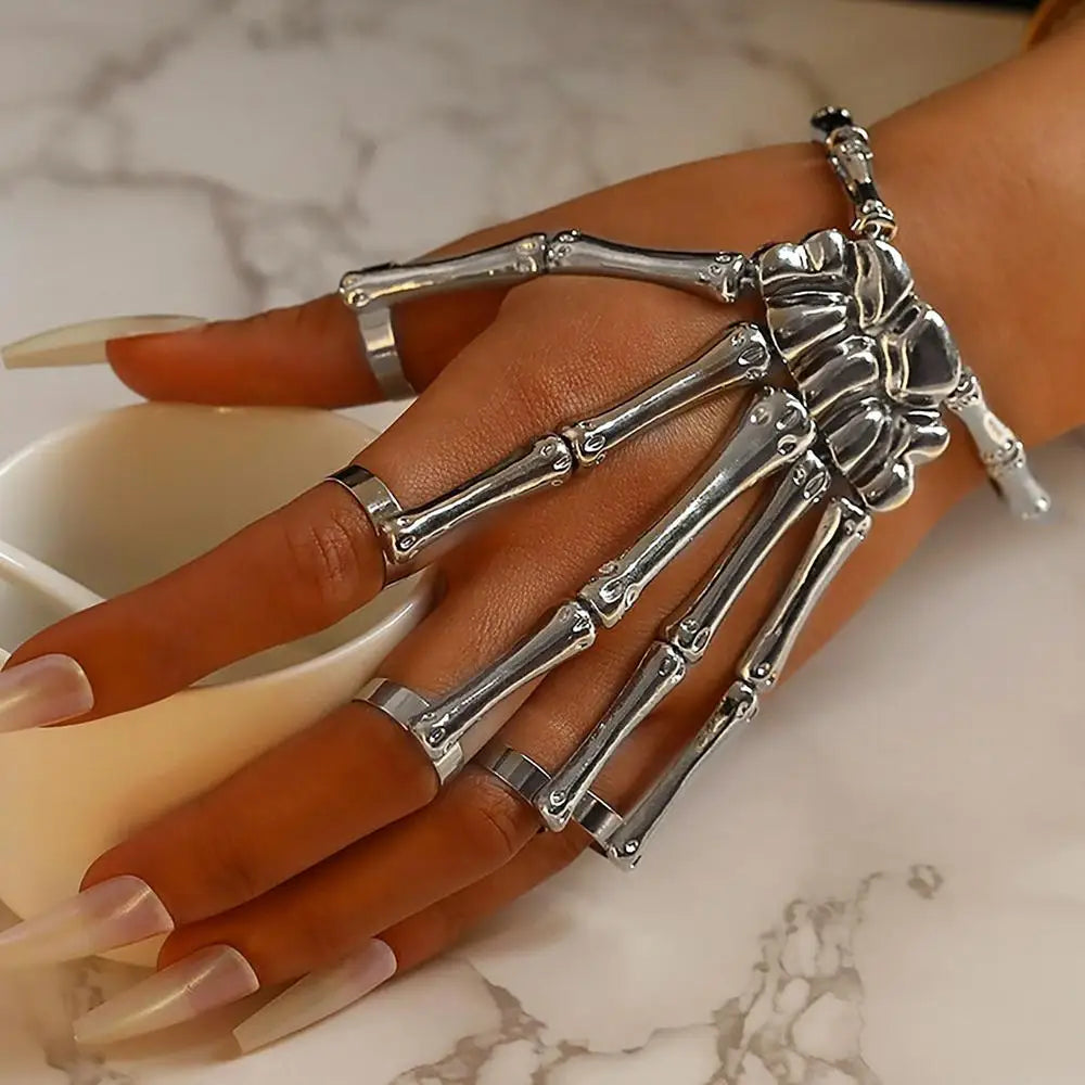 Creative Punk Skeleton Hand Bone Versatile Five Finger Ring Bracelet Adjustable One Chain Bracelet Halloween Bracelet Unisex