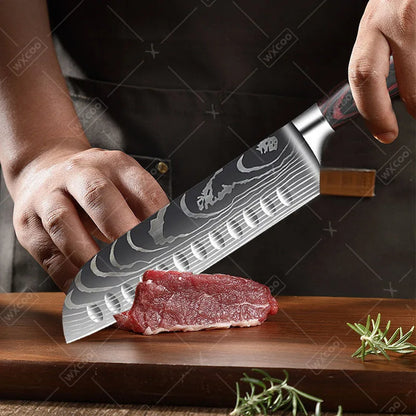 9 Pcs Kitchen Chef Knife Set High Carbon Stainless Steel Damascus Chef Knife Boning Knife Cleaver Santoku Slicer Vegetable