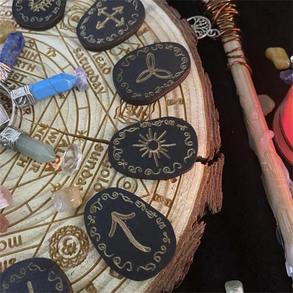 Wooden Rune Divination Game Set Rune Stones With Storage Bag Black Divination Props Set With Storage Bag Norse Runes