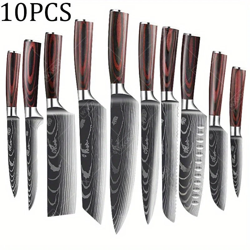 10 Pcs High Carbon Stainless Steel Damascus Knife Set Kitchen Chef Utility Slicer Cleaver Santoku Boning Vegetable Meat Knife