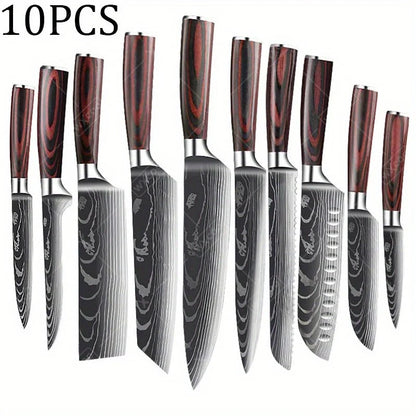 10 Pcs High Carbon Stainless Steel Damascus Knife Set Kitchen Chef Utility Slicer Cleaver Santoku Boning Vegetable Meat Knife
