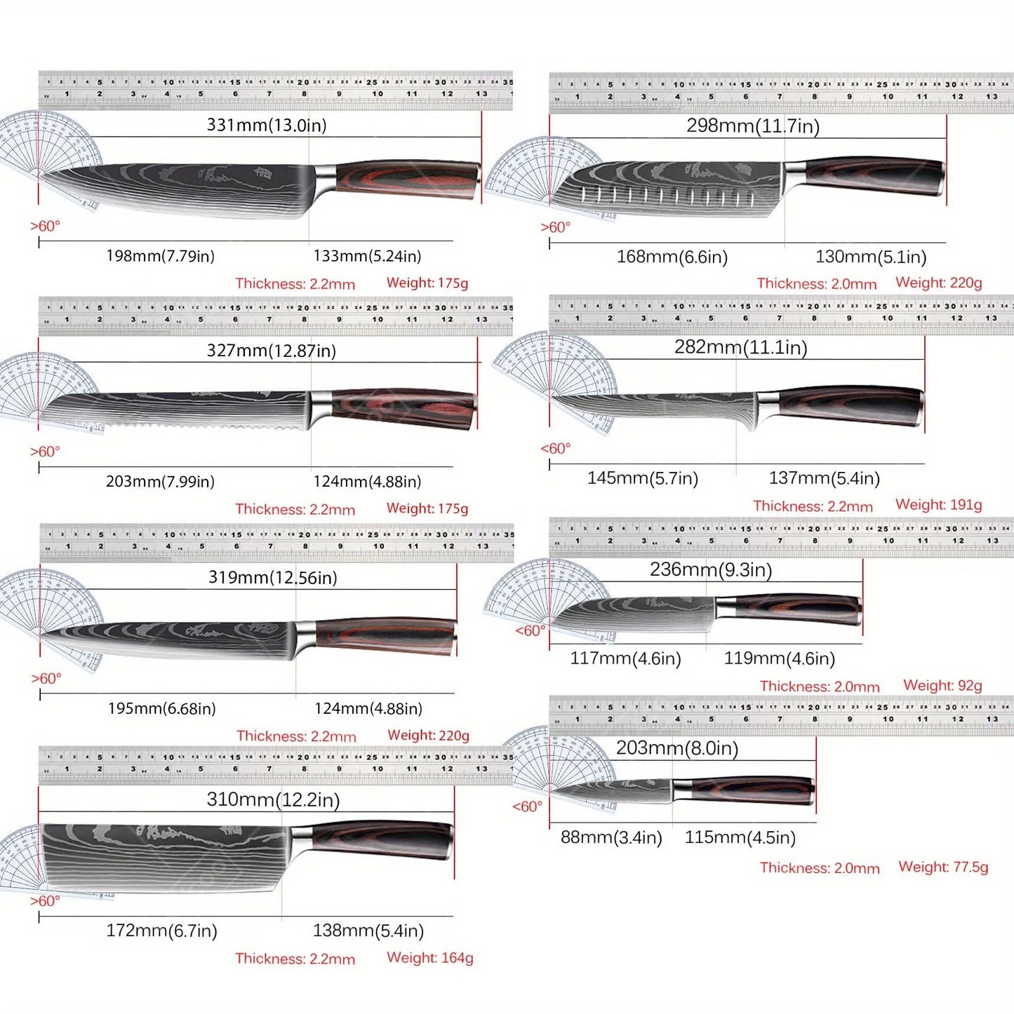 8 Pcs Kitchen Chef Knife Set High Carbon Stainless Steel Utility Knife Meat Cleaver Santoku Slicer Gyuto Vegetable Knife