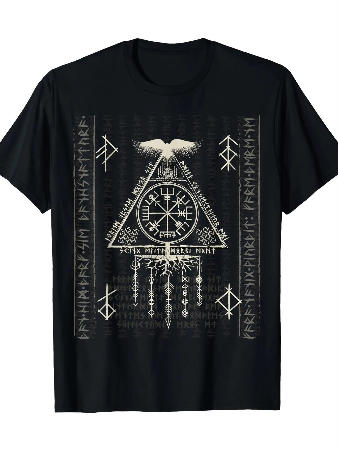 Men's Viking Compass Graphic T-Shirt - 100% Cotton, Black Short Sleeve with Nordic Rune & Celtic Yggdrasil Design, Casual