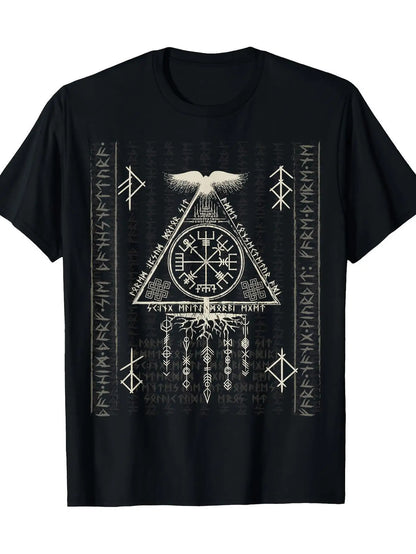 Men's Viking Compass Graphic T-Shirt - 100% Cotton, Black Short Sleeve with Nordic Rune & Celtic Yggdrasil Design, Casual