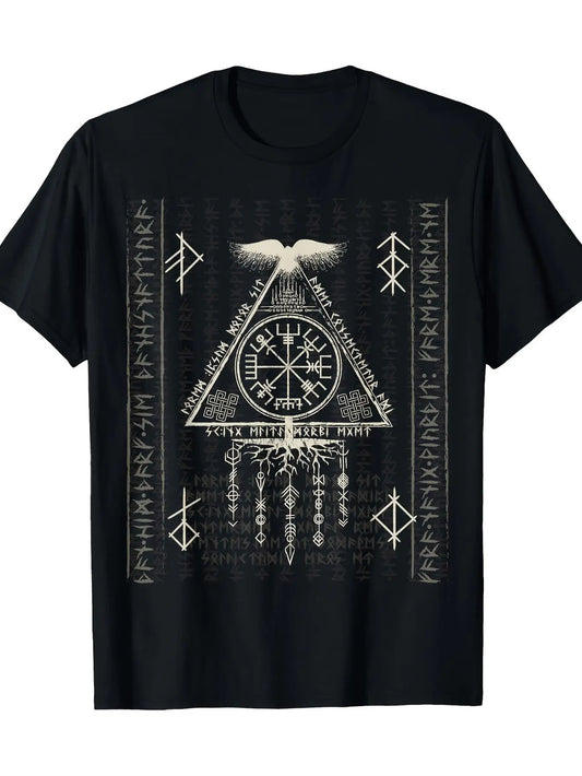 Men's Viking Compass Graphic T-Shirt - 100% Cotton, Black Short Sleeve with Nordic Rune & Celtic Yggdrasil Design, Casual