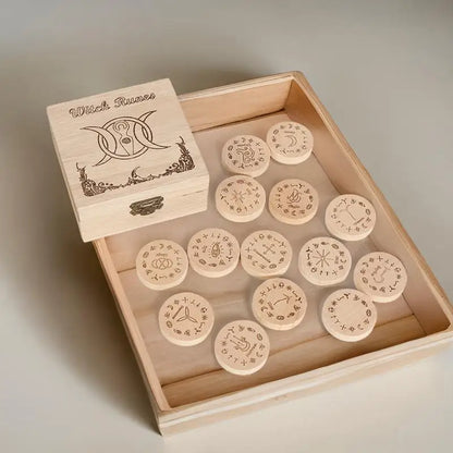 Witches Runes Set Altar Divination Tools with Storage Bag 13Pcs Wood Runes Altar Runes for Beginners Board Game