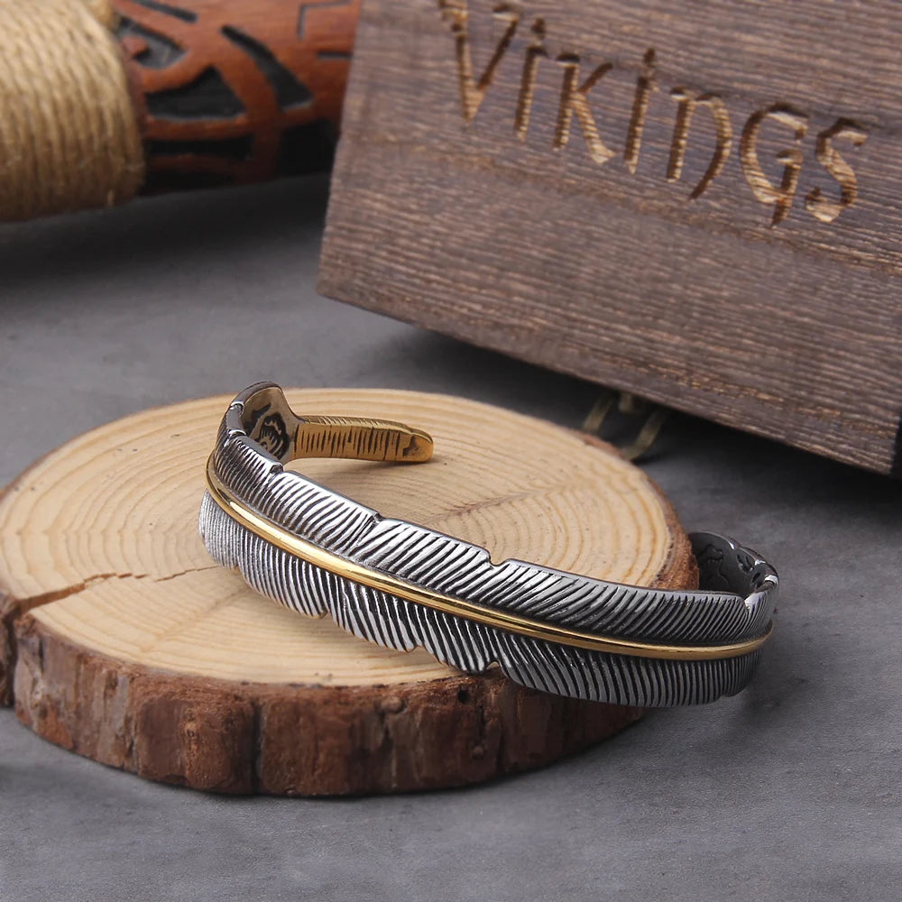 Viking Cuff  Bracelet With Ravens Feather