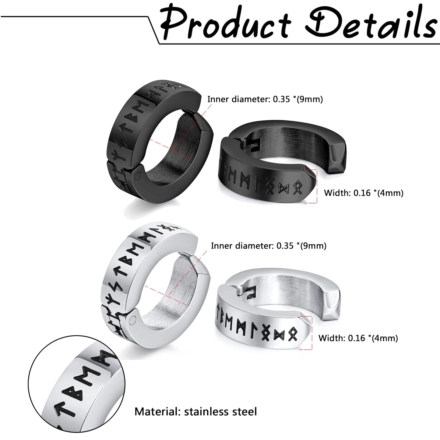 BONISKISS 2 Pairs Norse Viking Earrings Stainless Steel Nordic Elder Futhark Runes Hoop Huggie Hinged Fake Stud Men Women Unisex