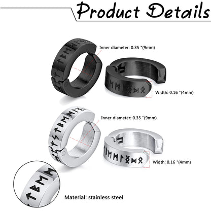 BONISKISS 2 Pairs Norse Viking Earrings Stainless Steel Nordic Elder Futhark Runes Hoop Huggie Hinged Fake Stud Men Women Unisex