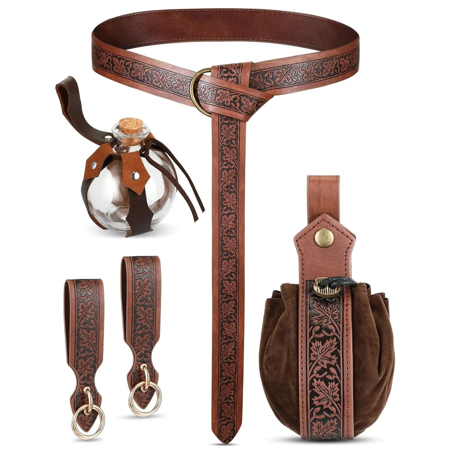 5-Piece Set of Unisex Renaissance Viking Steampunk, Medieval, Renaissance, Artificial Leather Belt, Hiking, Bottle, Wallet