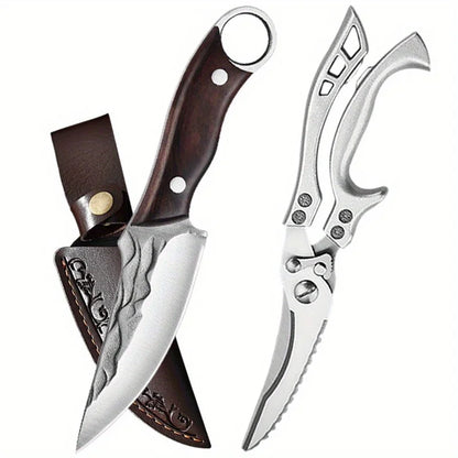 2pcS Kitchen Knife Stainless Steel Handmade Boning Cleaver Butcher Scissors Vegetable Fruit Bone Knife