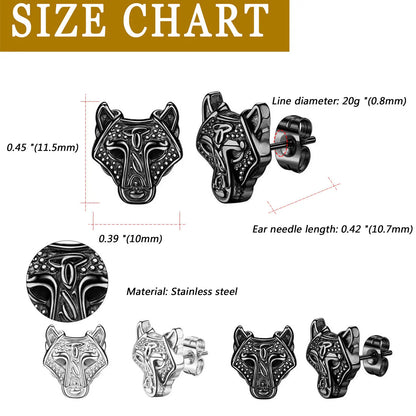 Boniskiss 4pcs Punk Norse Viking Runes Fenrir Wolf Head Amulet Earrings Hip Hop Stainless Steel Stud 20G for Men Women Unisex
