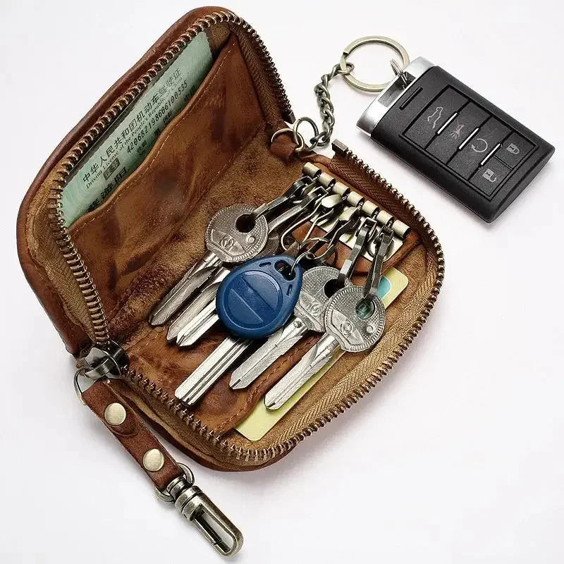 Viking Style Key Case Top Layer Cowhide Key Wallet, Large Capacity Retro Distressed Card Holder with Multi-function