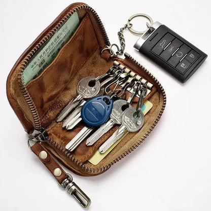 Viking Style Key Case Top Layer Cowhide Key Wallet, Large Capacity Retro Distressed Card Holder with Multi-function