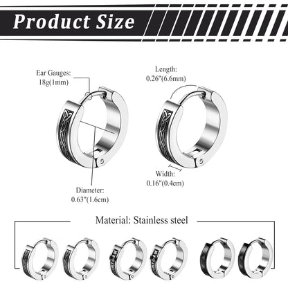 BONISKISS Men's Viking Rune Embrace Earrings Stainless Steel Three Pair Hoop Earrings Pendientes Geometric Loop  Jewelry Gifts
