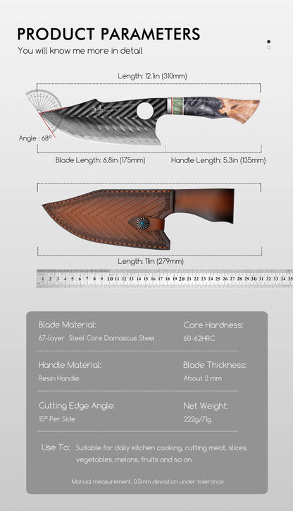 SHANGDAO Damascus Butcher Knife 7 inch, Viking Cleaver Kitchen Knives with Leather Sheath - Hand Forged Resin & Wood Handle