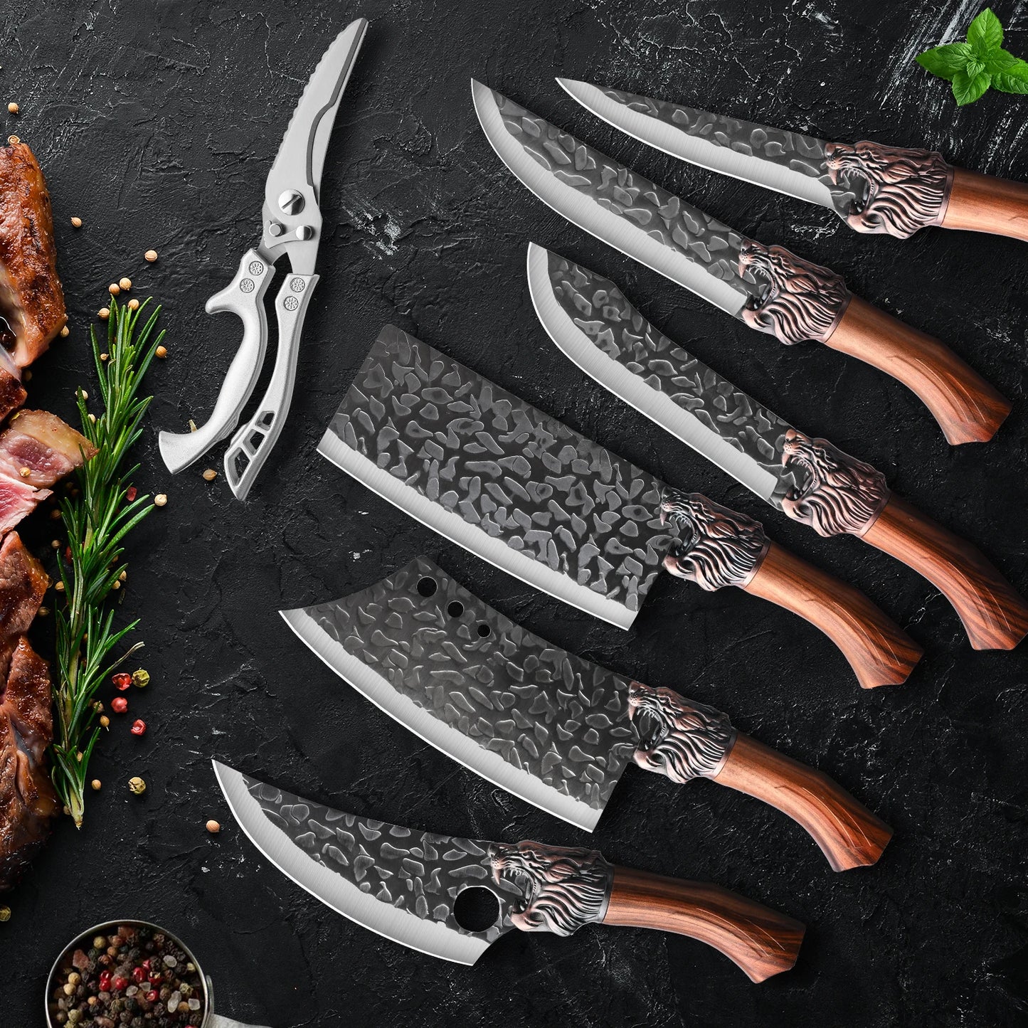 7pcs kitchen set knives, brown dragon head knives, high-quality chef knives, high hardness, high-quality steel, sharp and durabl